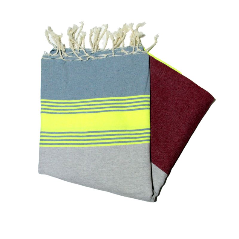 Flache Fouta Tozeur Azurin, Gelb, Grau und Burgunderrot, die Bunten