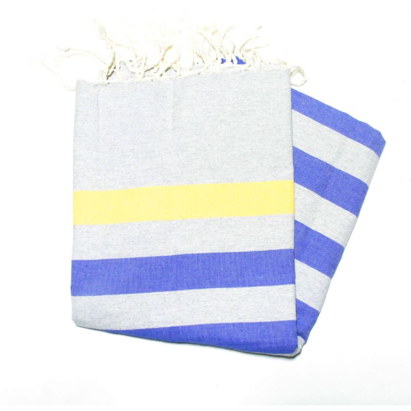 Fouta plana Kerouan gris claro, azafrán y azul griego
