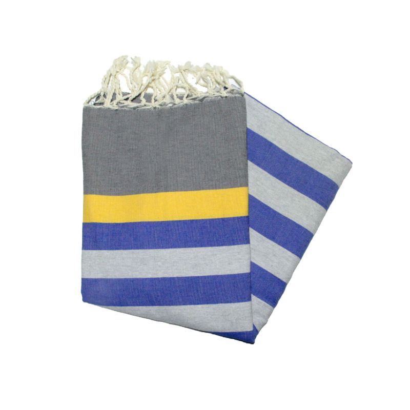 Fouta plana de Kerouan, cinza médio, amarelo, cinza e azul grego