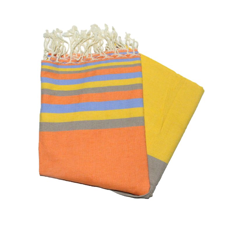 Fouta piatta nei colori arancione, azzurro, zafferano e tortora